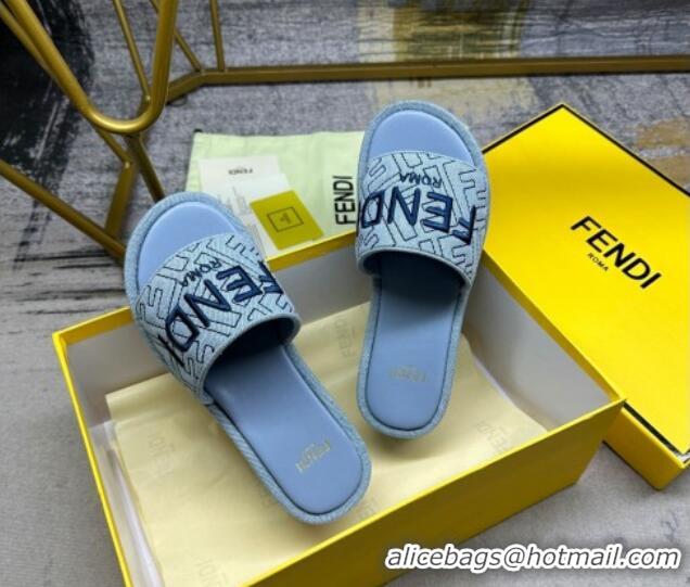 Popular Style Fendi Sunshine Wedge Slide Sandals in Denim Light Blue 604191