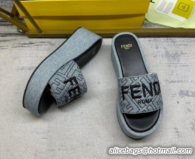 Grade Quality Fendi Sunshine Wedge Slide Sandals in Denim Grey 604192