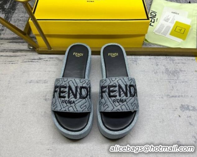 Grade Quality Fendi Sunshine Wedge Slide Sandals in Denim Grey 604192