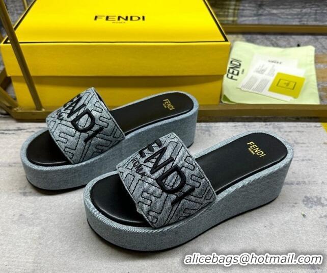 Grade Quality Fendi Sunshine Wedge Slide Sandals in Denim Grey 604192