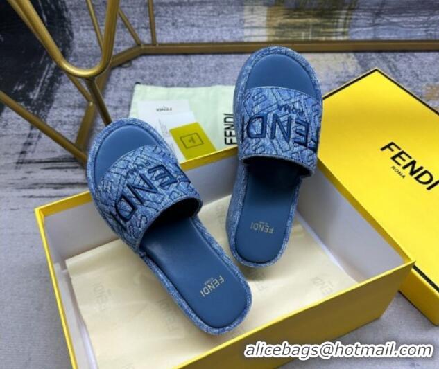 Best Product Fendi Sunshine Wedge Slide Sandals in Denim Dark Blue 604193