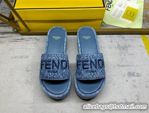 Best Product Fendi Sunshine Wedge Slide Sandals in Denim Dark Blue 604193