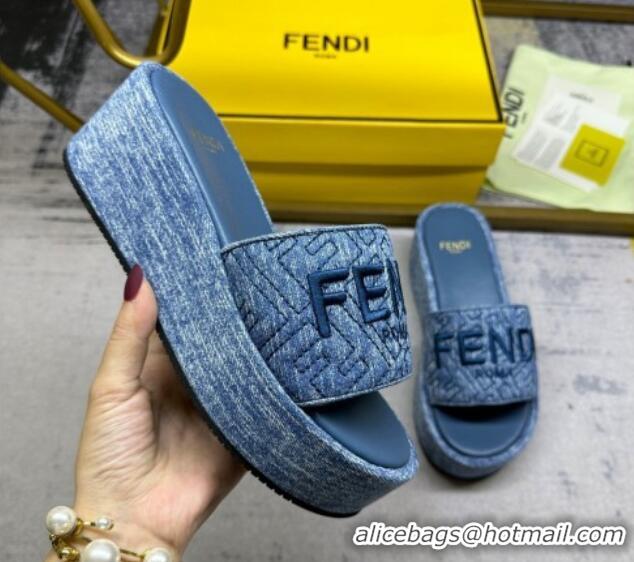 Best Product Fendi Sunshine Wedge Slide Sandals in Denim Dark Blue 604193