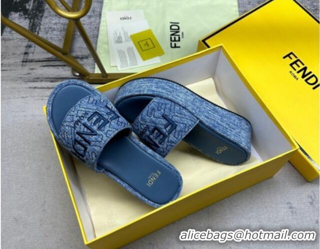 Best Product Fendi Sunshine Wedge Slide Sandals in Denim Dark Blue 604193