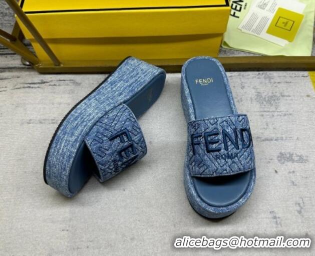 Best Product Fendi Sunshine Wedge Slide Sandals in Denim Dark Blue 604193