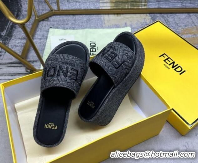 Best Grade Fendi Sunshine Wedge Slide Sandals in Denim Black 604194