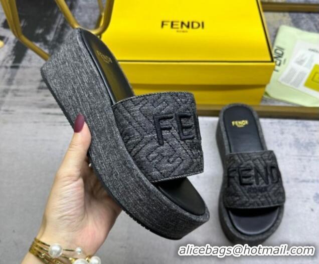 Best Grade Fendi Sunshine Wedge Slide Sandals in Denim Black 604194