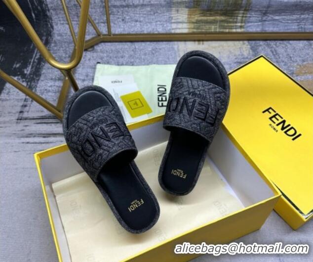 Best Grade Fendi Sunshine Wedge Slide Sandals in Denim Black 604194