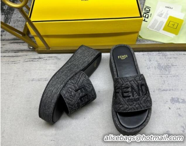 Best Grade Fendi Sunshine Wedge Slide Sandals in Denim Black 604194