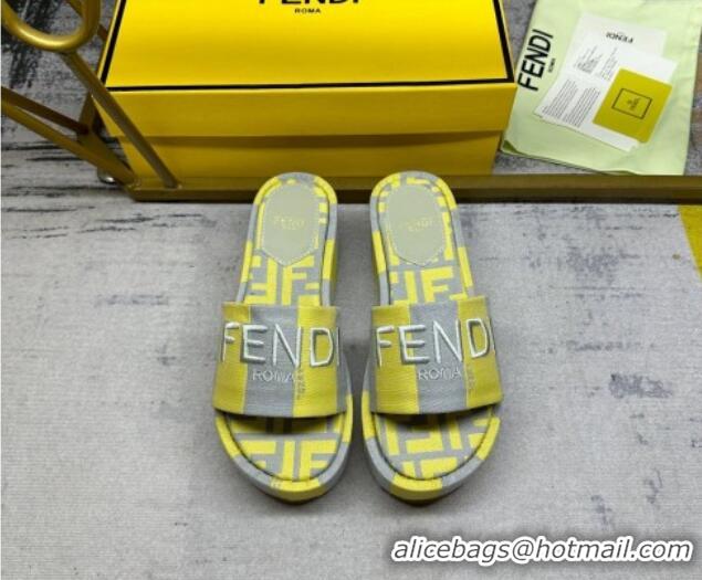 Top Grade Fendi Sunshine Wedge Slide Sandals in Printed Canvas Grey/Yellow 604195