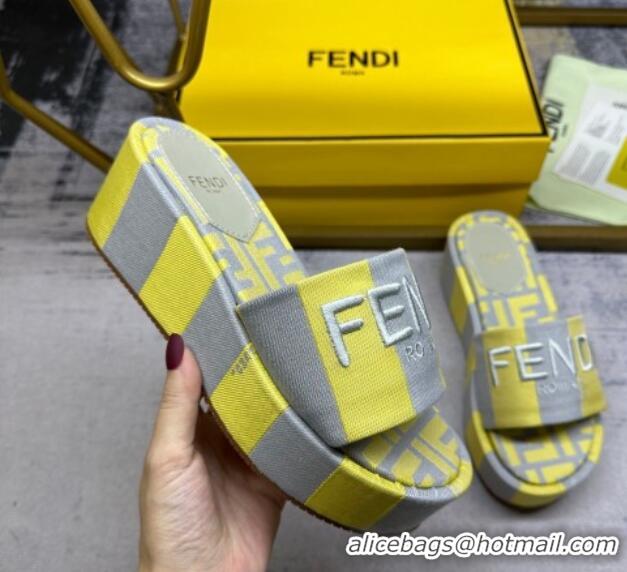 Top Grade Fendi Sunshine Wedge Slide Sandals in Printed Canvas Grey/Yellow 604195