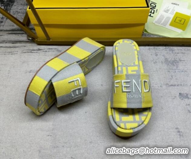 Top Grade Fendi Sunshine Wedge Slide Sandals in Printed Canvas Grey/Yellow 604195