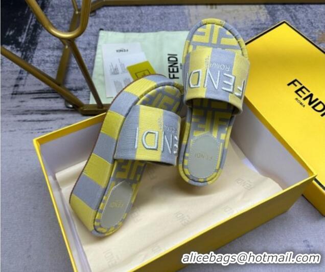 Top Grade Fendi Sunshine Wedge Slide Sandals in Printed Canvas Grey/Yellow 604195