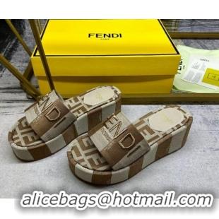 Pretty Style Fendi Sunshine Wedge Slide Sandals in Printed Canvas Grey/Brown 604196