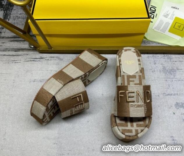 Pretty Style Fendi Sunshine Wedge Slide Sandals in Printed Canvas Grey/Brown 604196