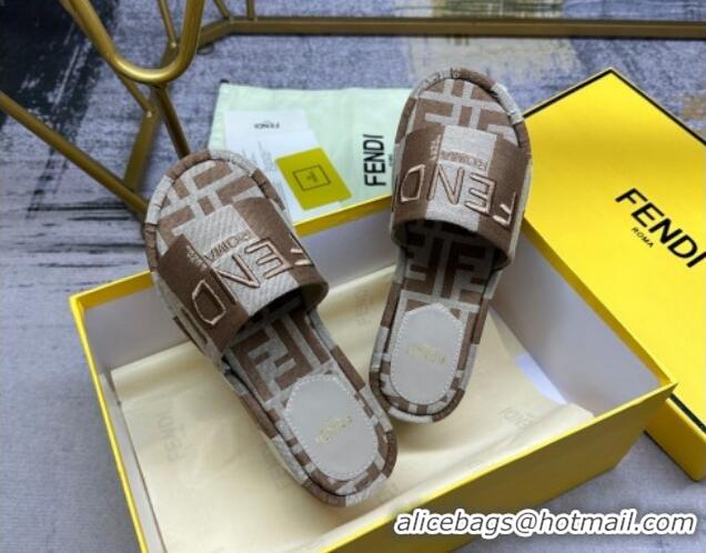 Pretty Style Fendi Sunshine Wedge Slide Sandals in Printed Canvas Grey/Brown 604196