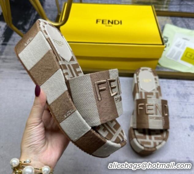 Pretty Style Fendi Sunshine Wedge Slide Sandals in Printed Canvas Grey/Brown 604196