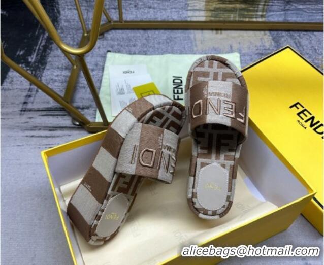 Pretty Style Fendi Sunshine Wedge Slide Sandals in Printed Canvas Grey/Brown 604196