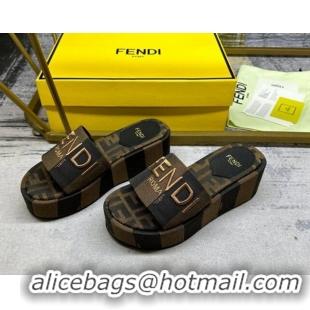 Most Popular Fendi Sunshine Wedge Slide Sandals in Printed Canvas Black/Brown 604197