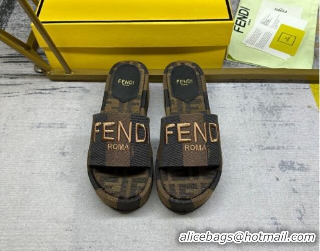 Most Popular Fendi Sunshine Wedge Slide Sandals in Printed Canvas Black/Brown 604197