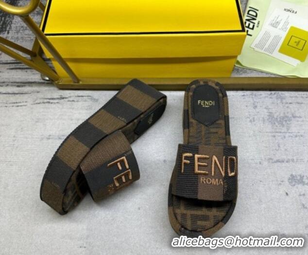 Most Popular Fendi Sunshine Wedge Slide Sandals in Printed Canvas Black/Brown 604197