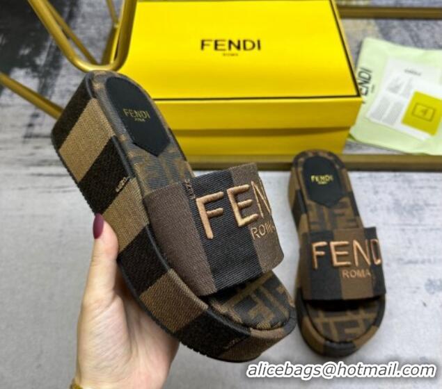 Most Popular Fendi Sunshine Wedge Slide Sandals in Printed Canvas Black/Brown 604197