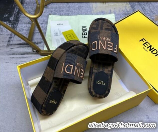 Most Popular Fendi Sunshine Wedge Slide Sandals in Printed Canvas Black/Brown 604197