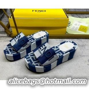 Luxurious Fendi Sunshine Wedge Slide Sandals in Printed Canvas Grey/Navy Blue 604198