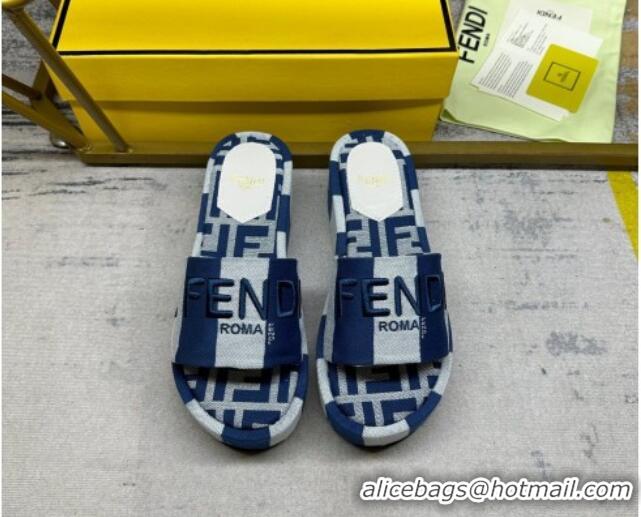 Luxurious Fendi Sunshine Wedge Slide Sandals in Printed Canvas Grey/Navy Blue 604198