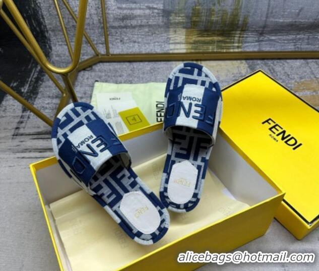 Luxurious Fendi Sunshine Wedge Slide Sandals in Printed Canvas Grey/Navy Blue 604198