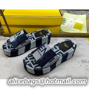 Good Product Fendi Sunshine Wedge Slide Sandals in Printed Canvas Grey/Dark Blue 604199