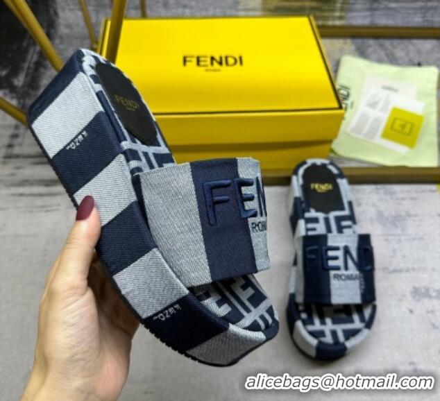 Good Product Fendi Sunshine Wedge Slide Sandals in Printed Canvas Grey/Dark Blue 604199