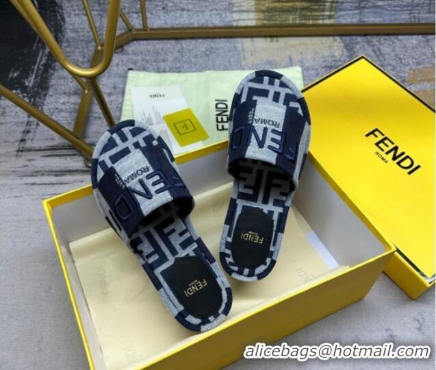 Good Product Fendi Sunshine Wedge Slide Sandals in Printed Canvas Grey/Dark Blue 604199