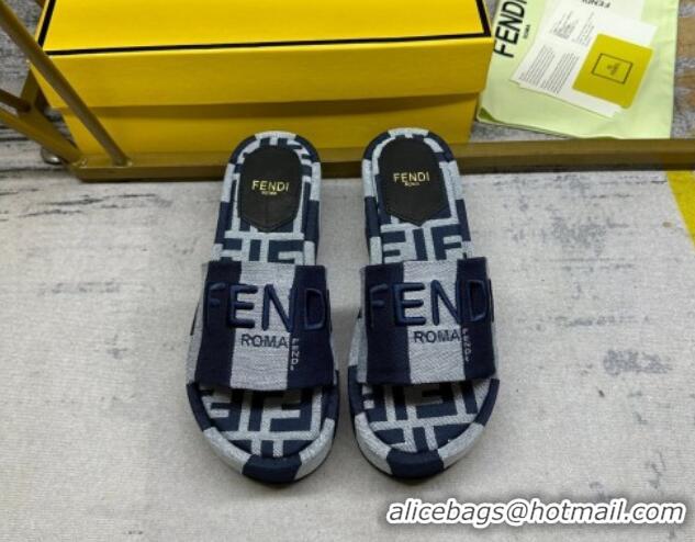 Good Product Fendi Sunshine Wedge Slide Sandals in Printed Canvas Grey/Dark Blue 604199