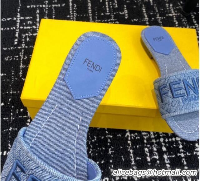 Best Price Fendi Signature Flat Slide Sandals in Quilted Denim Light Blue 604201