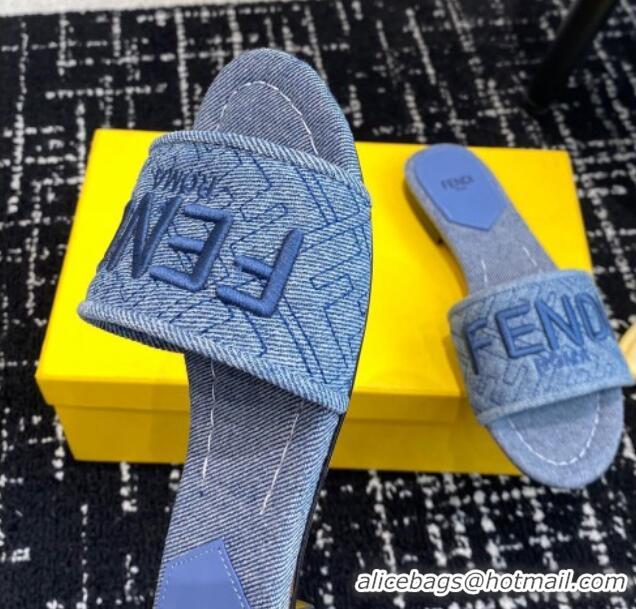 Best Price Fendi Signature Flat Slide Sandals in Quilted Denim Light Blue 604201