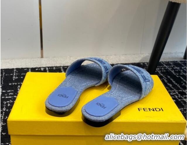 Best Price Fendi Signature Flat Slide Sandals in Quilted Denim Light Blue 604201