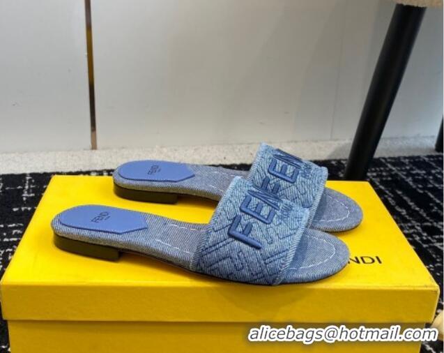 Best Price Fendi Signature Flat Slide Sandals in Quilted Denim Light Blue 604201