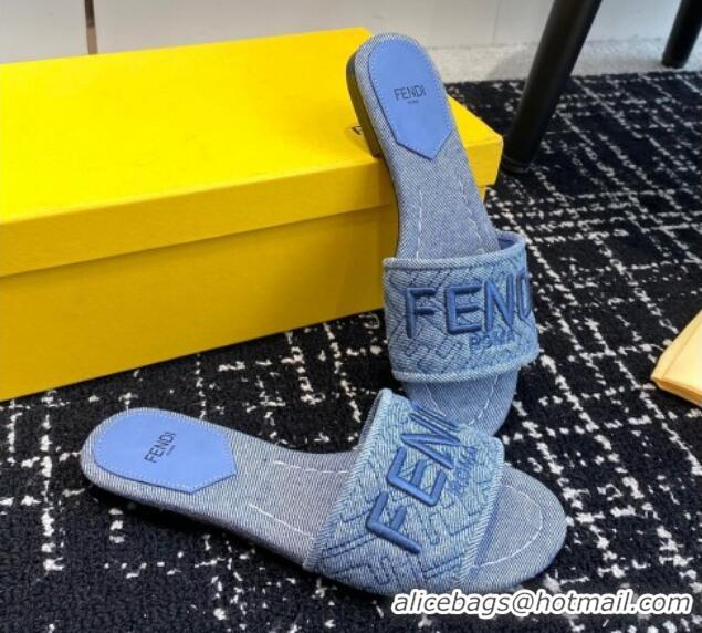 Best Price Fendi Signature Flat Slide Sandals in Quilted Denim Light Blue 604201