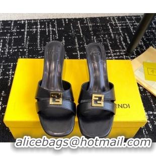 Good Looking Fendi FFold medium-heeled slide sandals 6cm in Calfskin Black 604202