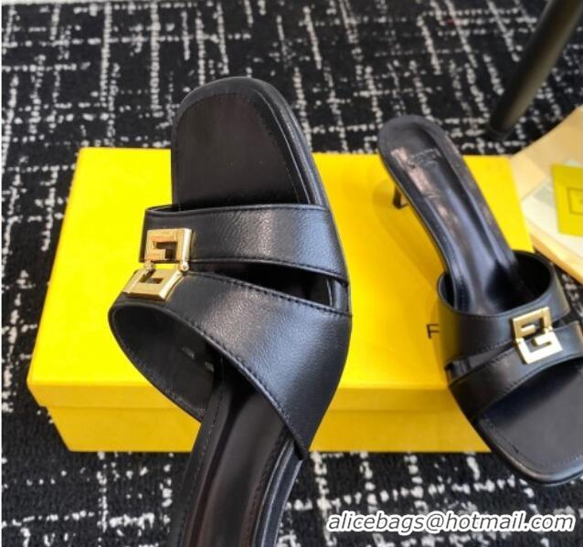 Good Looking Fendi FFold medium-heeled slide sandals 6cm in Calfskin Black 604202