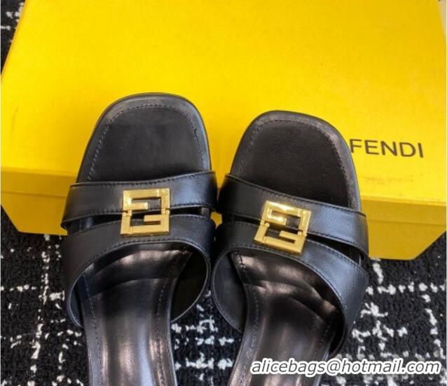 Good Looking Fendi FFold medium-heeled slide sandals 6cm in Calfskin Black 604202