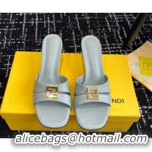 Shop Duplicate Fendi FFold medium-heeled slide sandals 6cm in Calfskin Grey 604203