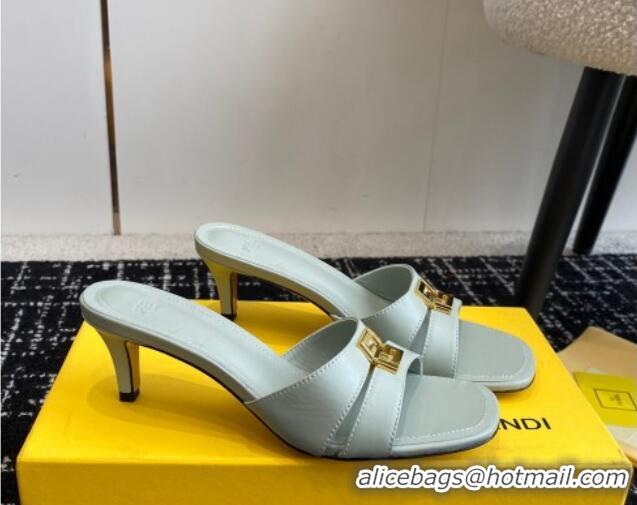 Shop Duplicate Fendi FFold medium-heeled slide sandals 6cm in Calfskin Grey 604203