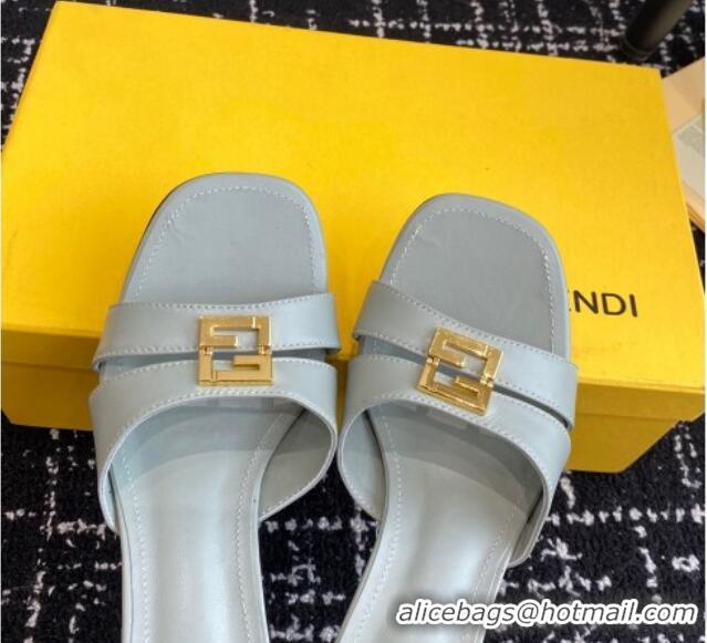 Shop Duplicate Fendi FFold medium-heeled slide sandals 6cm in Calfskin Grey 604203