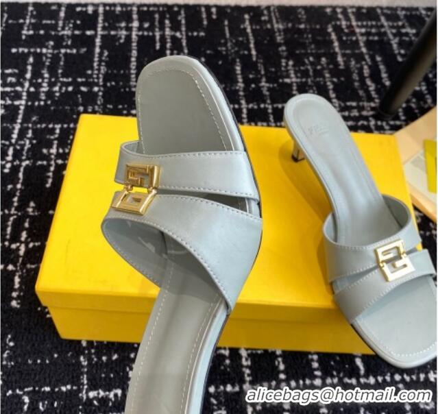 Shop Duplicate Fendi FFold medium-heeled slide sandals 6cm in Calfskin Grey 604203