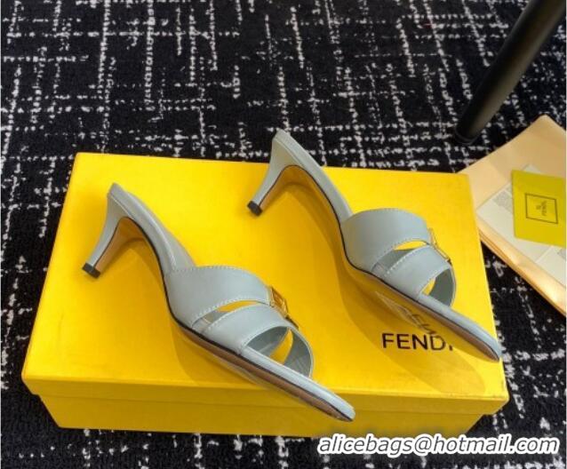 Shop Duplicate Fendi FFold medium-heeled slide sandals 6cm in Calfskin Grey 604203