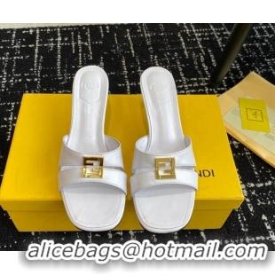 Big Discount Fendi FFold medium-heeled slide sandals 6cm in Calfskin White 604205