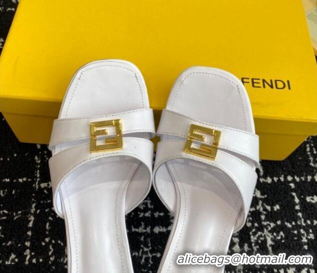 Big Discount Fendi FFold medium-heeled slide sandals 6cm in Calfskin White 604205