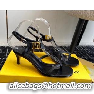 Charming Fendi FFold medium-heeled sandals 6cm in Calfskin Leather Black 604207